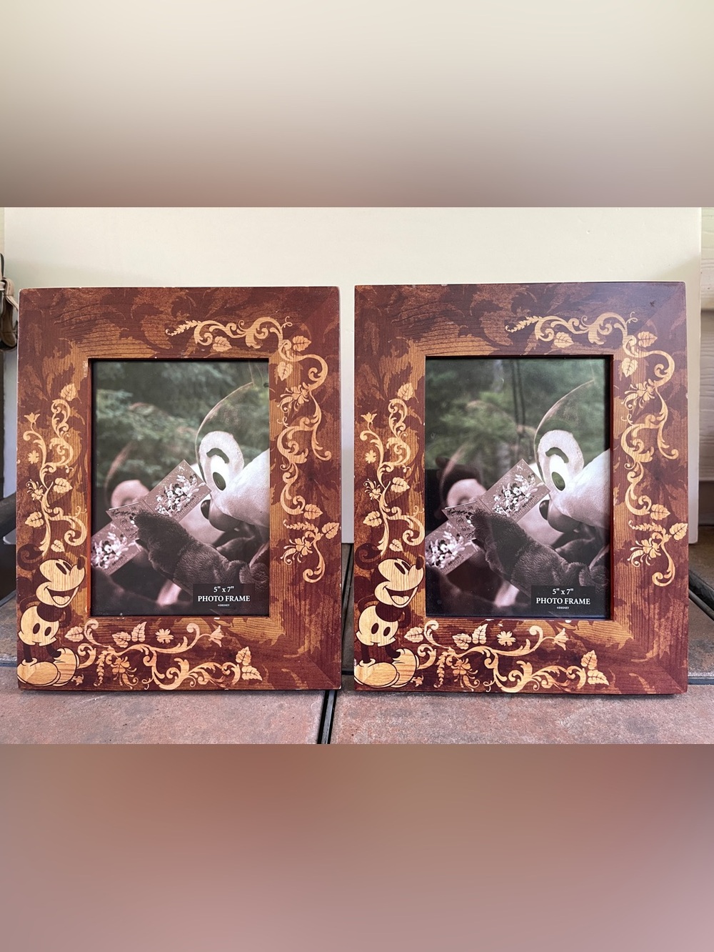 Disney Wooden Photo Frames with Gold Scroll & Mickey Accents - Brown (Pair)